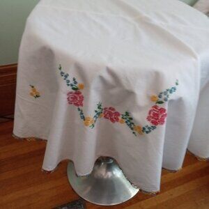 Round Cross Stitch Needlepoint Cotton Tablecloth Diameter 116 cm Linen Antique
